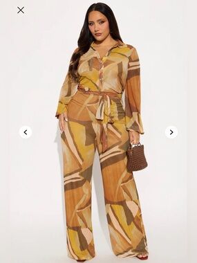 Fashion Nova Mustard Multi Abstract Wide-Leg Jumpsuit